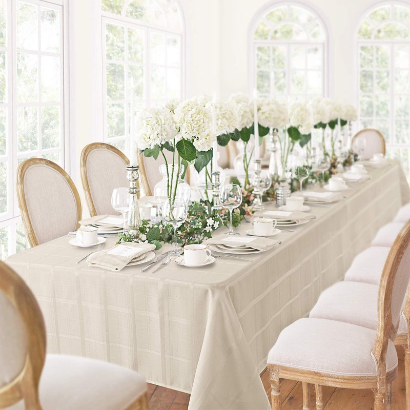 Newbridge 60 x 84 Inch Oval Fabric Tablecloth, Elegance Plaid, 100% Polyester, No Iron Soil Resistant Dining Room, Party and Banquet Table Cover, Solid Textured, Beige - Image 3